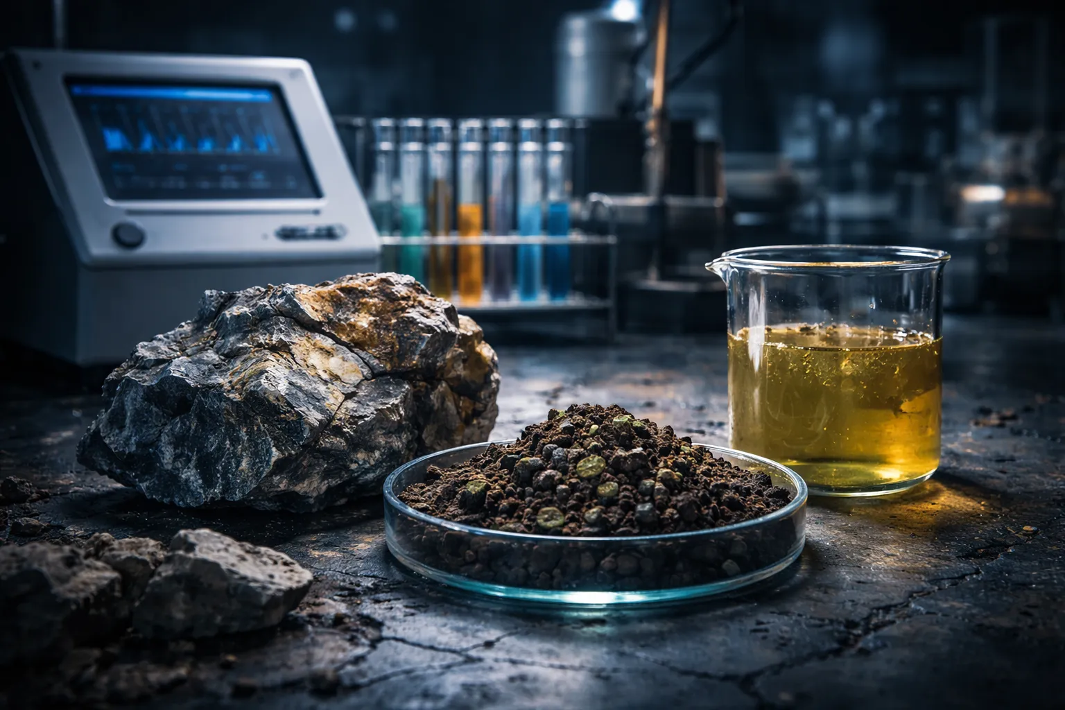 Analyse de matériaux hétérogènes : sol, minerai et liquide industriel